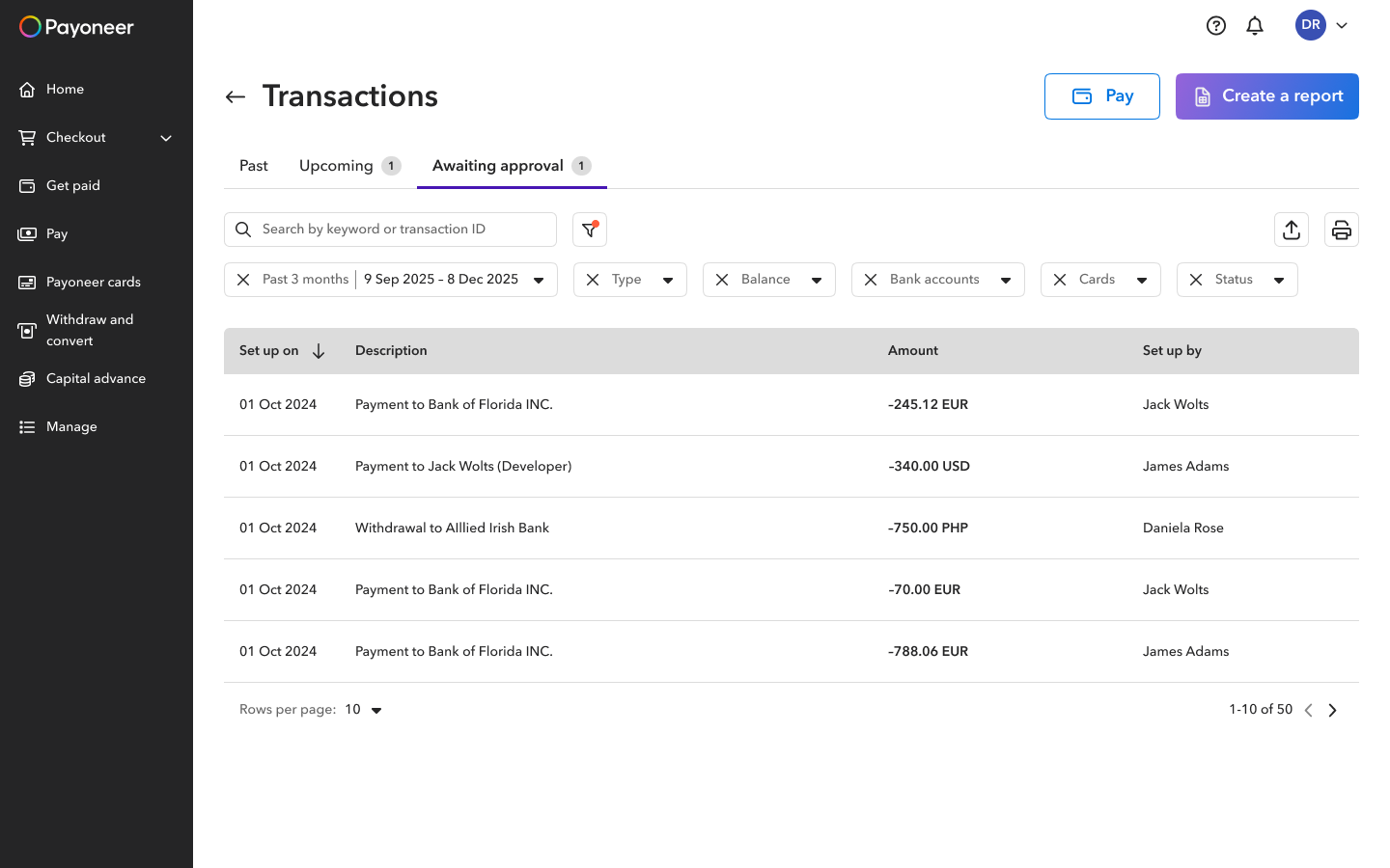 Awaiting approval tab in transactions page